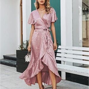 Leopard Jacquard Ruffle Trim Satin Wrap Dress - NWT